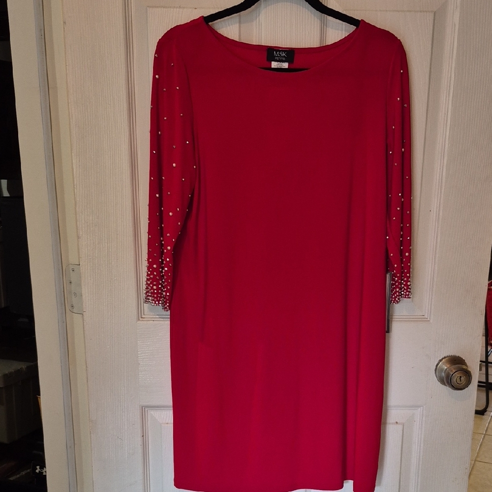 NWT MSK Red Dress with Pearl and Sparkle Sleeves